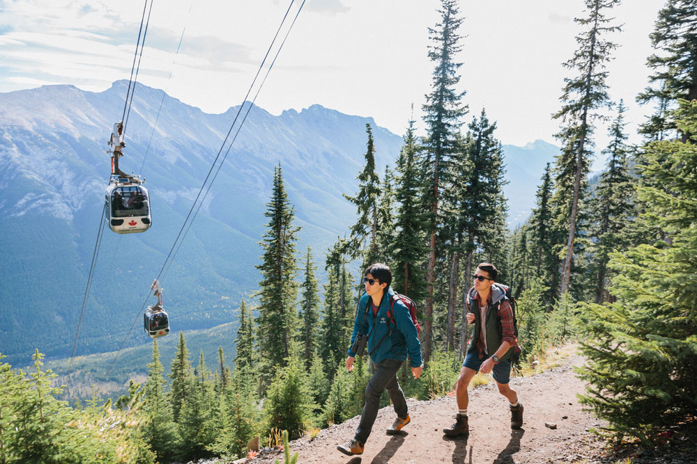 Hiking the Sulphur Mountain trail on foot.