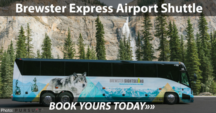 Brewster Express shuttle bus driving on the scenic highway from Calgary Airport to Banff National Park. Brewster Express shuttle bus driving on the scenic highway from Calgary Airport to Banff National Park.